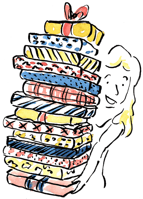 A girl carrying a pile of gifts
